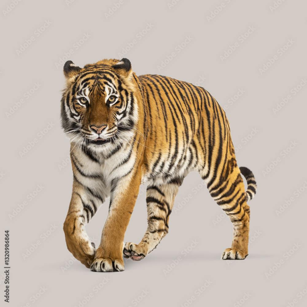 Obraz premium Studio shot of a tiger pacing confidently against a neutral background