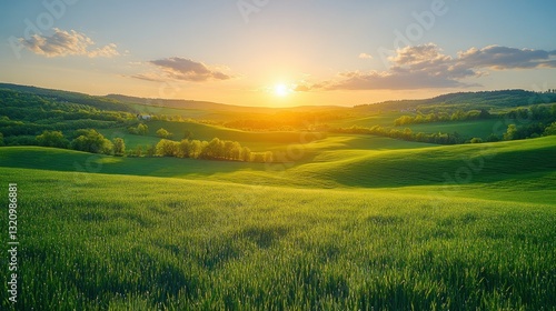 Green hills at sunset, rural landscape