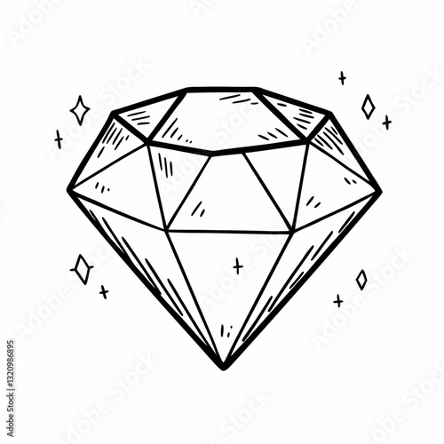 Hand Drawn Diamond Illustration Geometric Gem with Sparkles