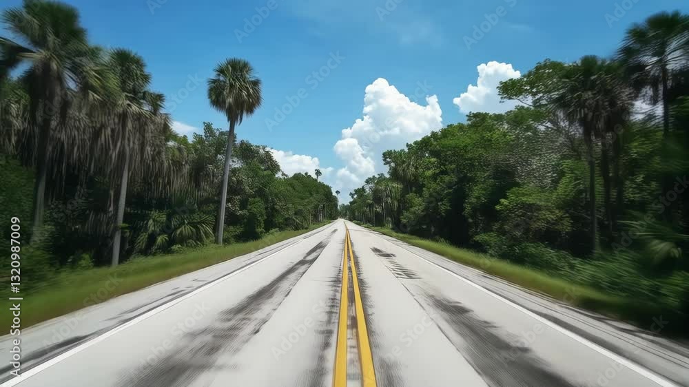 Road trip through lush landscapes under blue skies and clouds in a tropical setting Road trip through lush landscapes under blue skies and clouds in a tropical setting