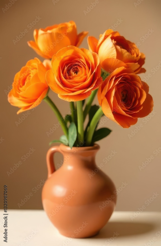 Orange ranunculus in terracotta vase on beige backdrop