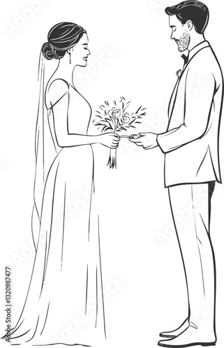 Elegant line art illustration of a bride and groom exchanging vows.