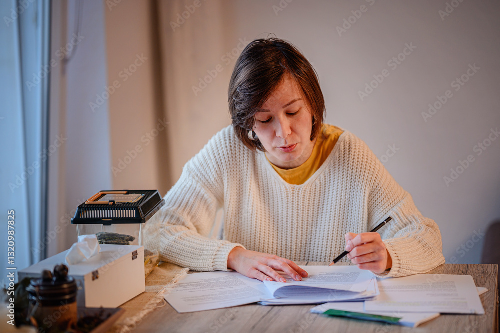 Focused Woman Studying and Taking Notes at Home Focused Woman Studying and Taking Notes at Home