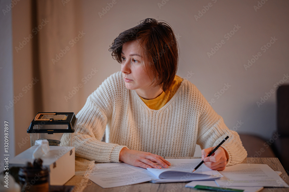 Thoughtful Woman Studying at Home Thoughtful Woman Studying at Home
