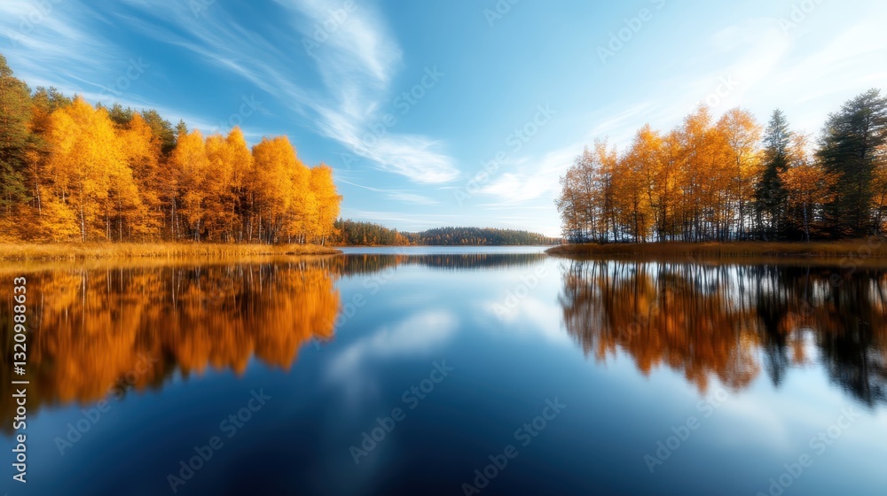 A tranquil autumn view of golden trees reflecting perfectly in calm water, evoking a sense of serenity and capturing the beauty of nature's palette. A tranquil autumn view of golden trees reflecting perfectly in calm water, evoking a sense of serenity and capturing the beauty of nature's palette.