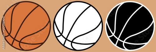 Basketball ball icon set, three stylized balls with colors orange, black and white. Clean aesthetic sports equipment and playful design.