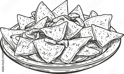 Illustration of a plate of nachos in black and white line art.