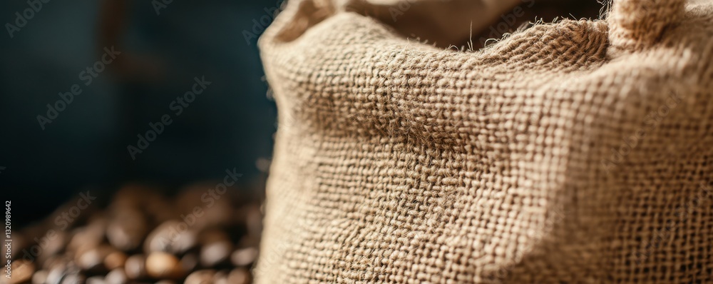 Burlap sack filled with roasted coffee beans displaying rich texture and earthy tones Burlap sack filled with roasted coffee beans displaying rich texture and earthy tones