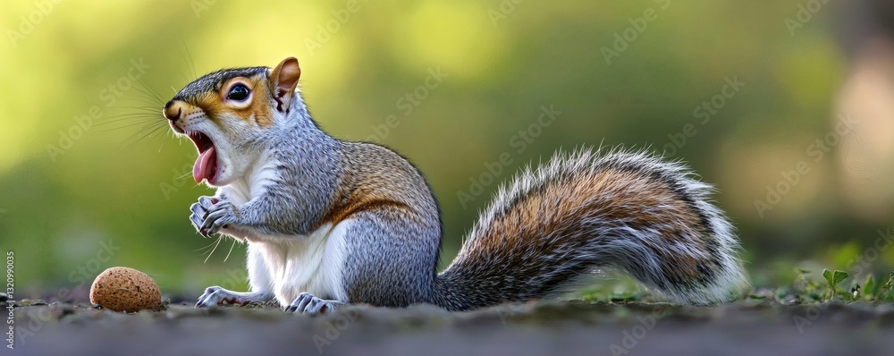 A surprised squirrel with open mouth sits near a nut