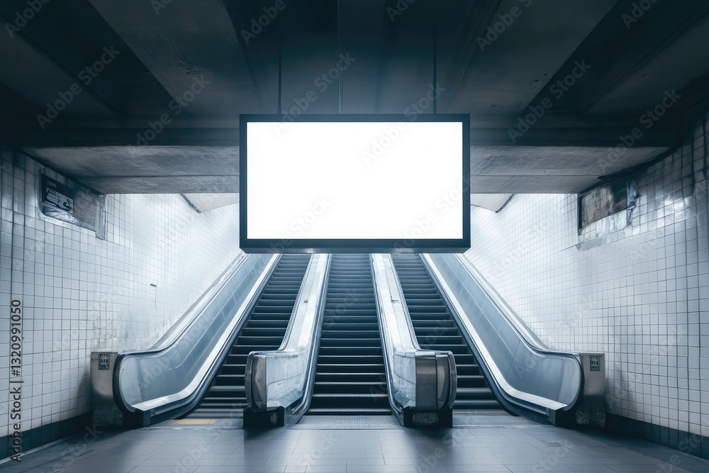 Fototapeta premium Blank billboard inside a modern subway station with escalators