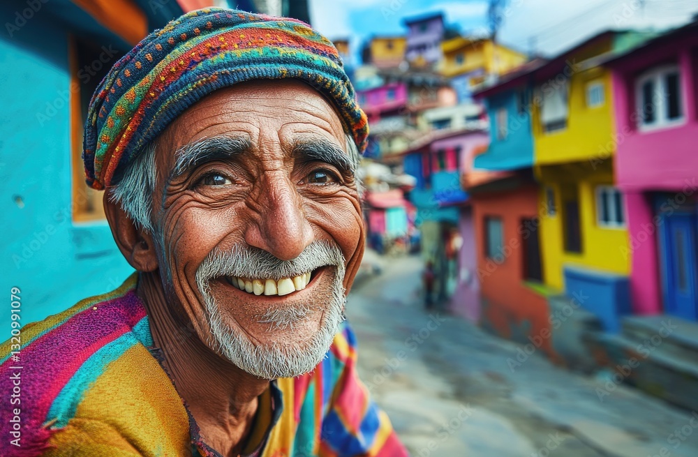 An old Indian man with a white beard, wearing colorful and a headdress, is smiling at the camera in a close-up shot. In the background An old Indian man with a white beard, wearing colorful and a headdress, is smiling at the camera in a close-up shot. In the background