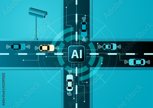 Vector illustration of an AI-driven smart traffic system with autonomous cars, wireless signals, and a central AI hub. Represents self-driving technology, smart cities, and automated traffic control