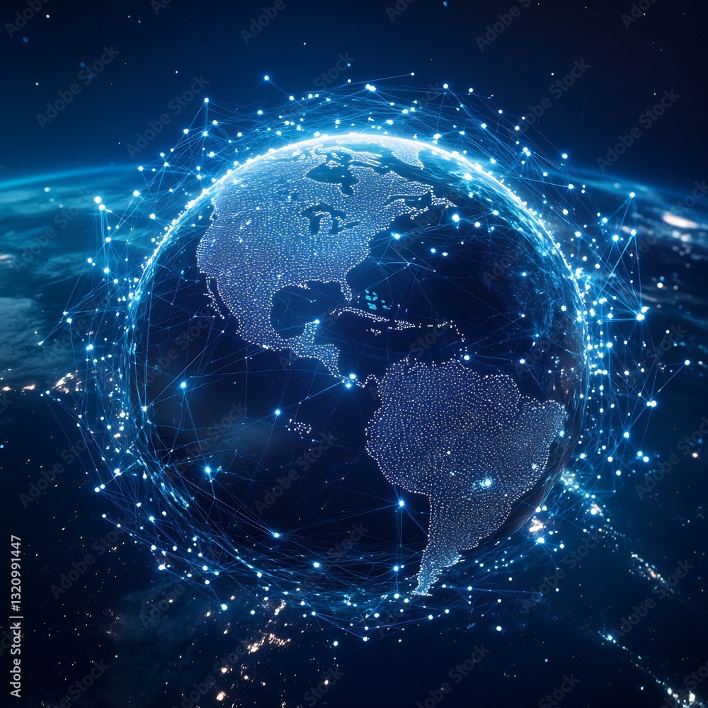 Fototapeta premium Global network connections, Earth at night, space background, digital communication