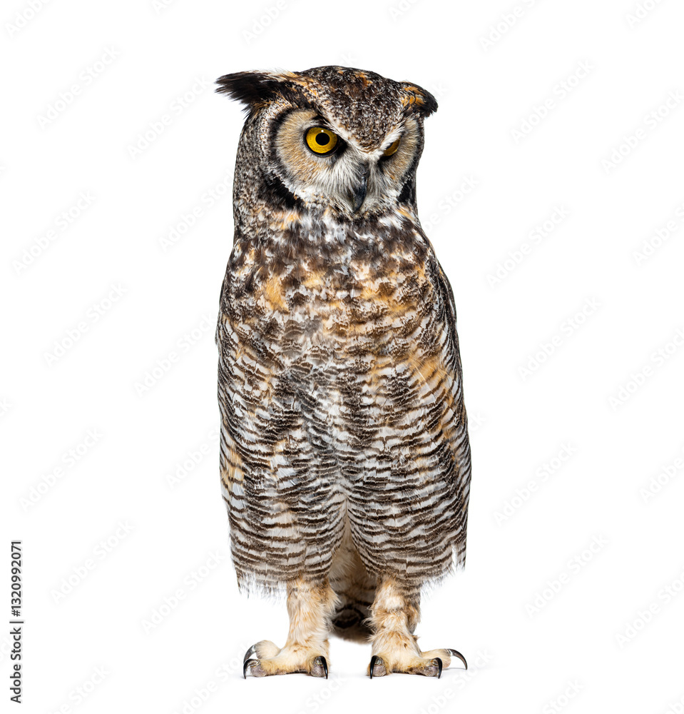 Fototapeta premium Great horned owl, Bubo virginianus saturatus, or tiger owl, standing and looking down with its large yellow eyes, isolated on white