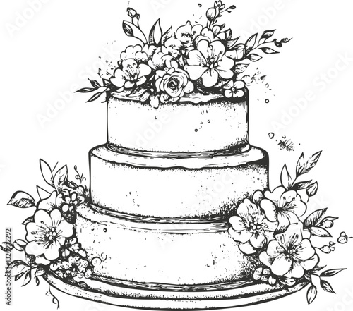 Black and white illustration of a three-tiered floral wedding cake.