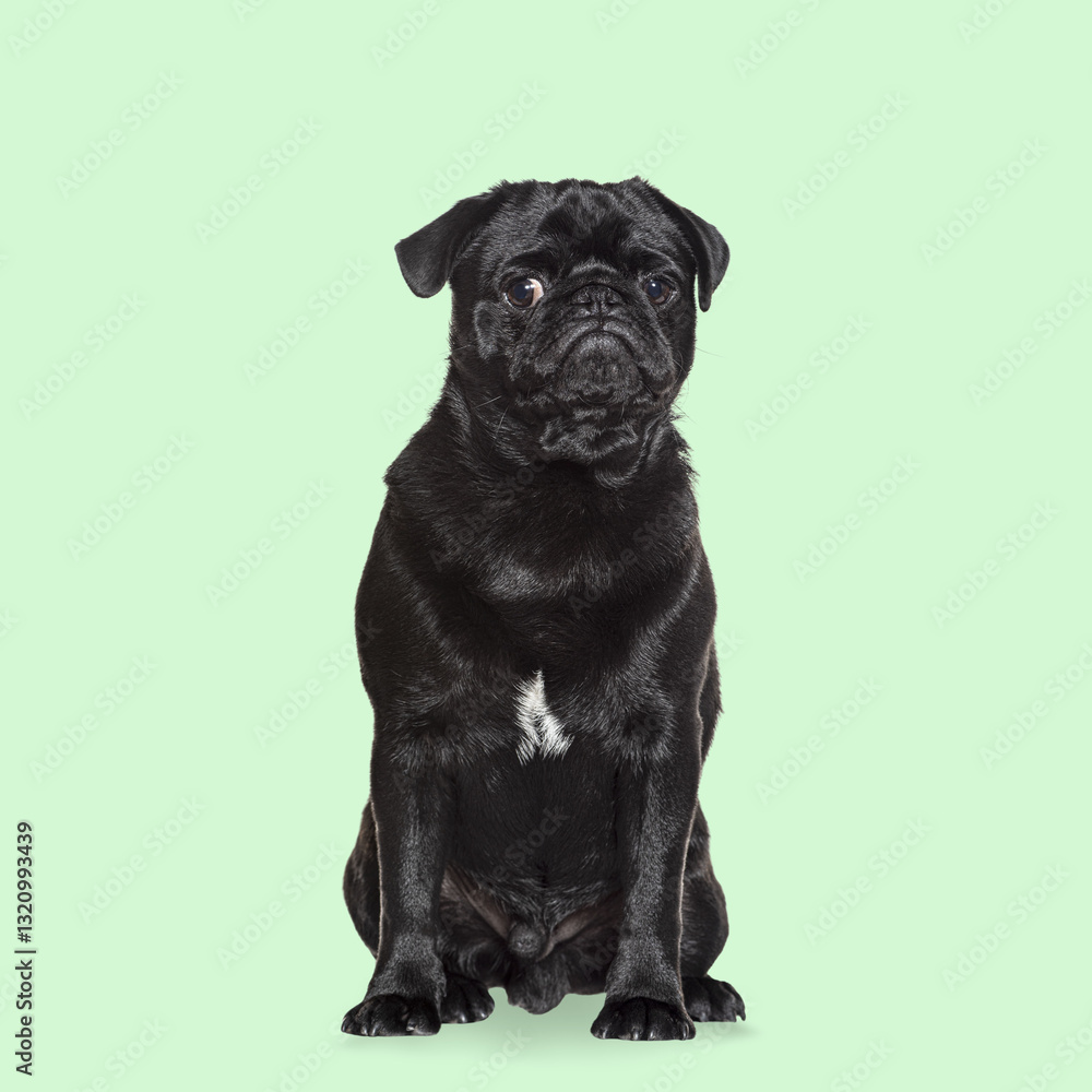 Obraz premium Studio shot of adorable black pug sitting and looking forward on transparent background
