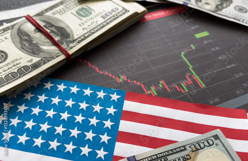 Obraz na płótnie US financial system. American stock market crisis. Arrows down near US flag. Franklin with dollar bills. Monetary policy of united states. American financial market. US Investment crisis. w salonie