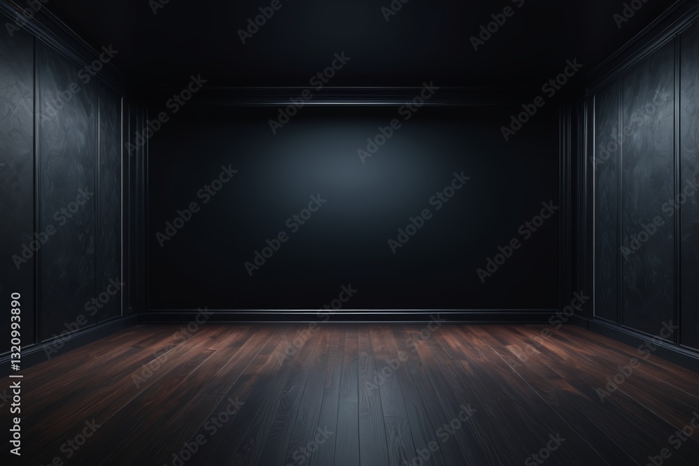 a dimly lit room with a wooden floor and black walls a dimly lit room with a wooden floor and black walls