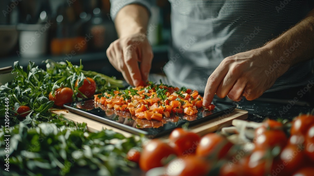 Person Preparing Fresh Tomatoes With Herbs And Vegetables In A Rustic Kitchen Person Preparing Fresh Tomatoes With Herbs And Vegetables In A Rustic Kitchen