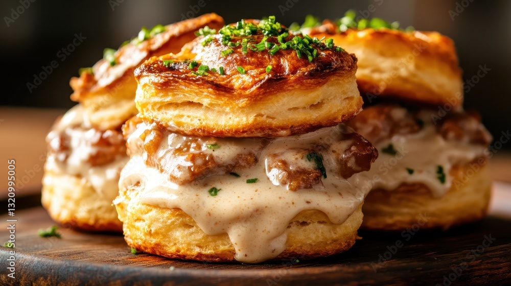 Presenting a stack of tasty, golden biscuits elegantly layered with rich gravy, this image evokes warmth and nostalgia, perfect for celebrating comfort food. Presenting a stack of tasty, golden biscuits elegantly layered with rich gravy, this image evokes warmth and nostalgia, perfect for celebrating comfort food.