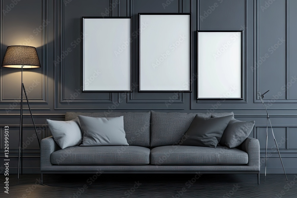 Dark, sophisticated living room with three blank art frames Dark, sophisticated living room with three blank art frames
