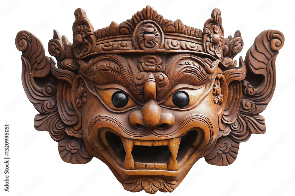 Hand-carved wooden mask from Bali isolated on transparent white background Hand-carved wooden mask from Bali isolated on transparent white background