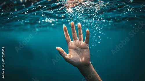 Desperate drowning hand reaching for help underwater, symbolizing danger, emergency, SOS, and life-threatening crisis. Concept of survival, risk, rescue, and urgent need for assistance in the ocean.
