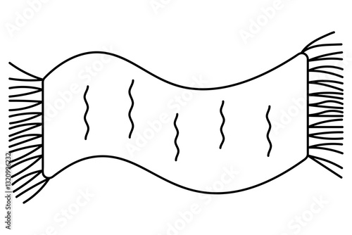 Bathroom rug. Double tassel floor covering with wavy pattern. Sketch. Vector illustration. Outline on isolated white background. Carpet in doodle style. Interior design. Coloring book for kids. 