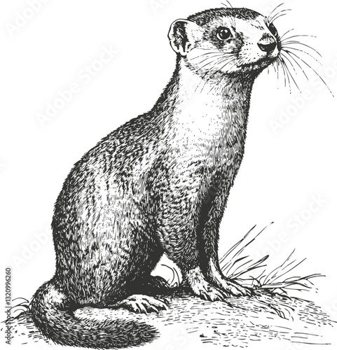 Detailed black and white illustration of a weasel in a natural pose.