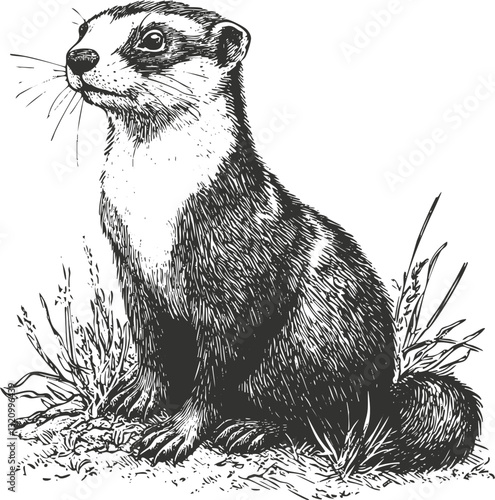 Black and white detailed illustration of a marmot in a natural setting.