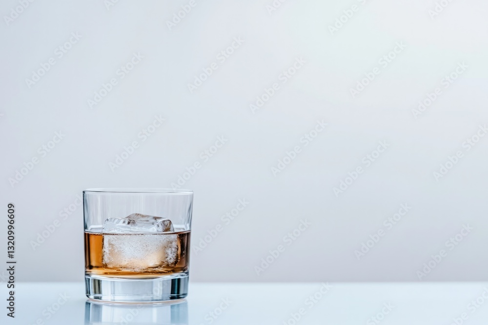 Elegant glass with amber liquid and ice, set against minimalisti Elegant glass with amber liquid and ice, set against minimalisti