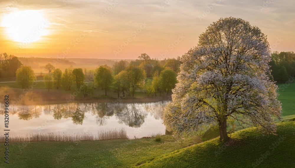 serene spring landscape with a blooming tree and a reflection on a lake serene spring landscape with a blooming tree and a reflection on a lake