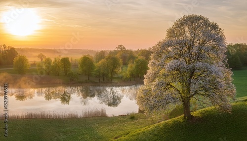 Wallpaper Mural serene spring landscape with a blooming tree and a reflection on a lake Torontodigital.ca