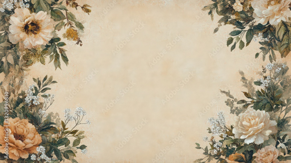 Floral Border with Cream and Peach Roses on Beige Textured Background Floral Border with Cream and Peach Roses on Beige Textured Background
