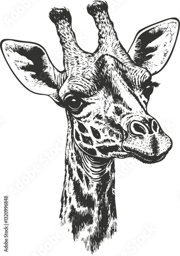 Black and white illustration of a giraffe's head and neck.