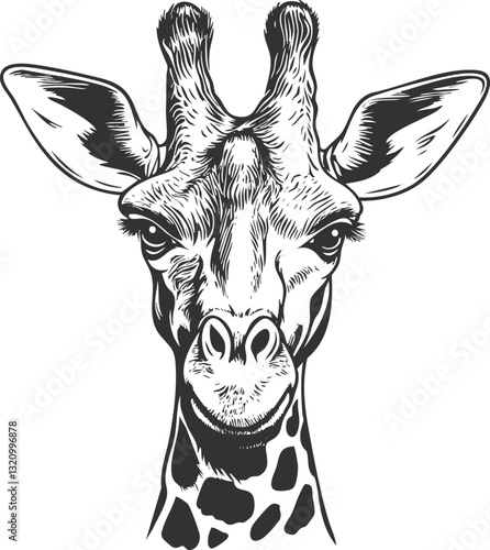 Black and white illustration of a giraffe head with detailed features.