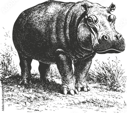 Vintage black and white illustration of a hippopotamus standing on grass.