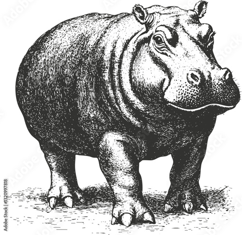 Detailed black and white illustration of a hippopotamus in vintage style.
