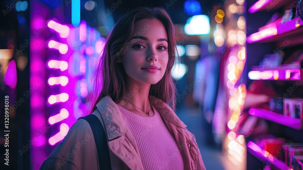 Obraz premium Young Woman Posing Confidently in Neon Lit Urban Environment at Night