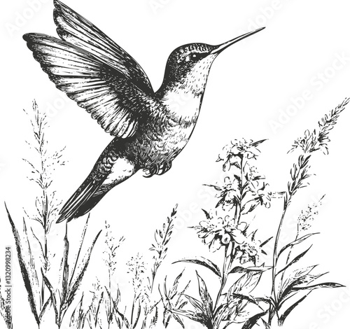 Detailed ink illustration of a hummingbird in flight near flowers.