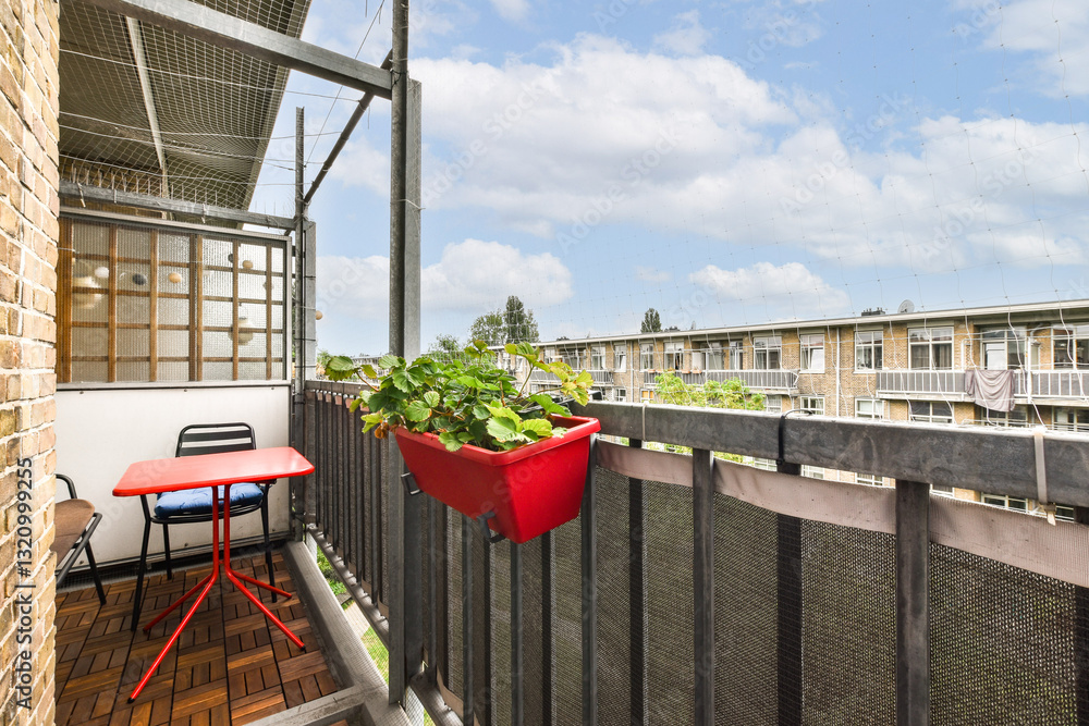 A bright, inviting balcony featuring a small red table and chair, adorned with potted plants, creating a serene outdoor space for relaxation. A bright, inviting balcony featuring a small red table and chair, adorned with potted plants, creating a serene outdoor space for relaxation.