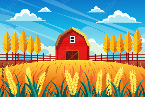 golden wheat field under a bright blue sky, with a red barn and a wooden fence in the background.
