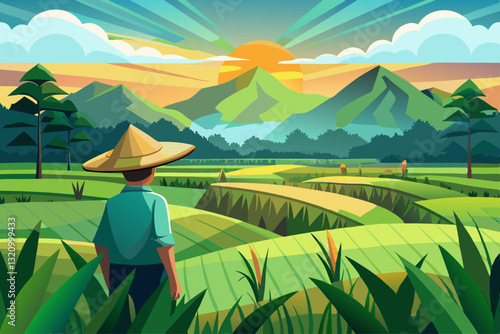 vast green rice paddy at sunrise, with a farmer in a straw hat tending to the crops.