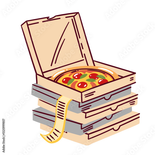 Open cartoon pizza box on top of stack of paper packaging. Funny cardboard packages pile and receipt for order from Italian pizzeria. Fast food, dinner mascot, cartoon pizza pack vector illustration