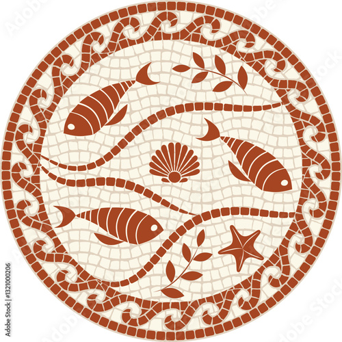 Circular mosaic ornament with fish and shells in terracotta color. Ideal for home decor, ceramic tiles, branding, textile and other projects.