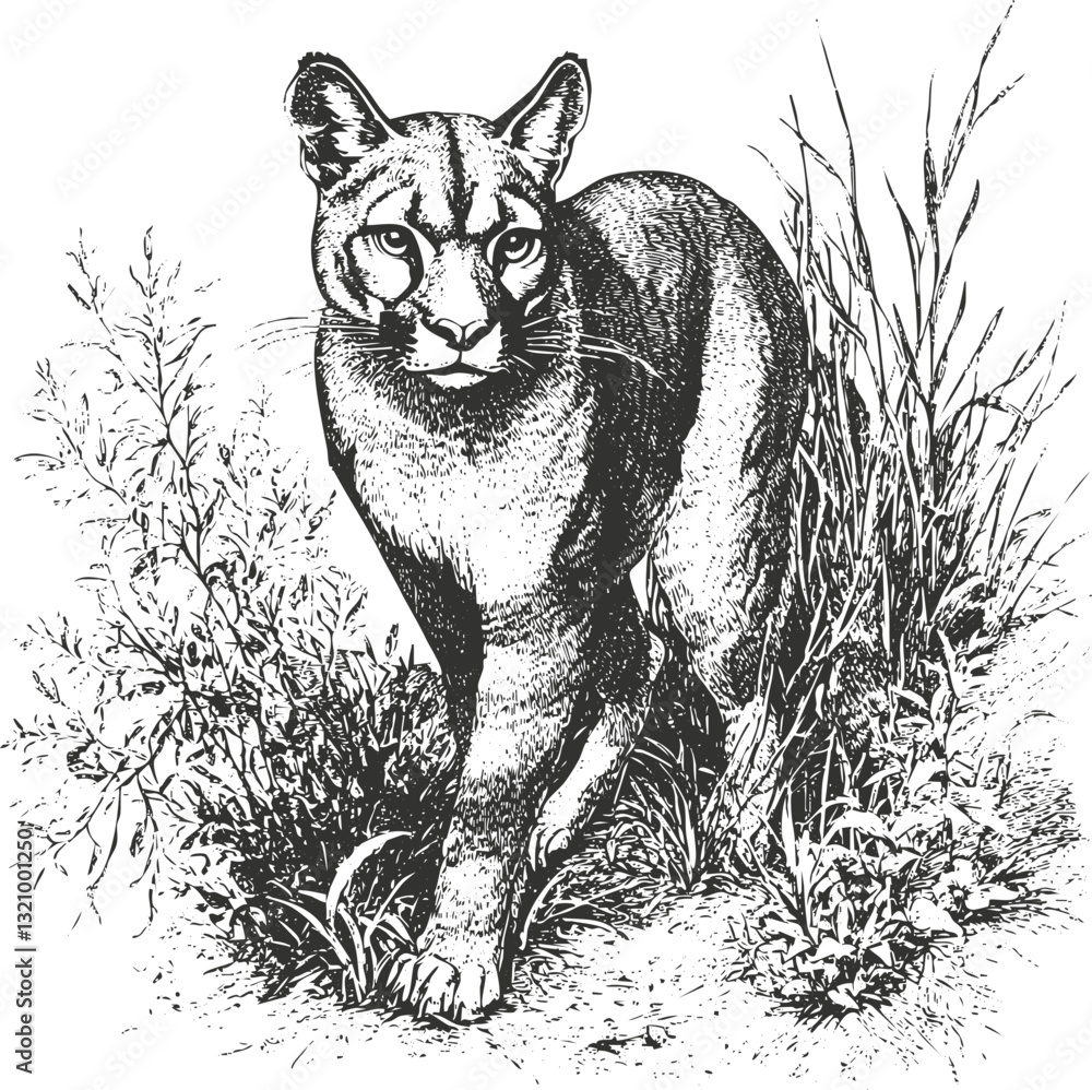 Naklejka premium Detailed ink illustration of a cougar walking through grass.