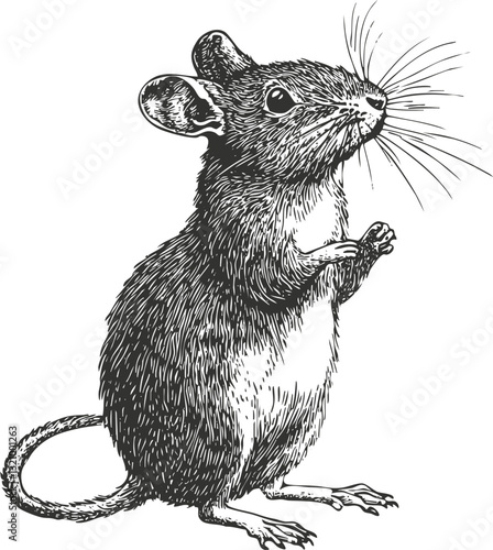 Detailed black and white illustration of a standing mouse.