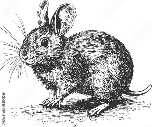 Detailed black and white sketch of a rabbit with textured fur.