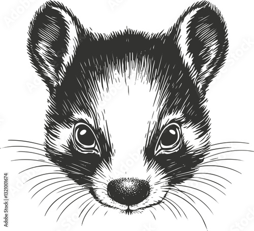 Detailed black and white illustration of a cute animal face.