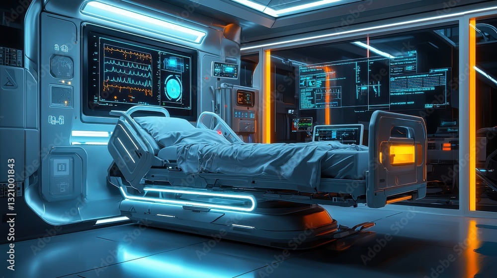 Fototapeta premium Futuristic Hospital Room Featuring Advanced Technology and Illuminated Bed for Patient Care